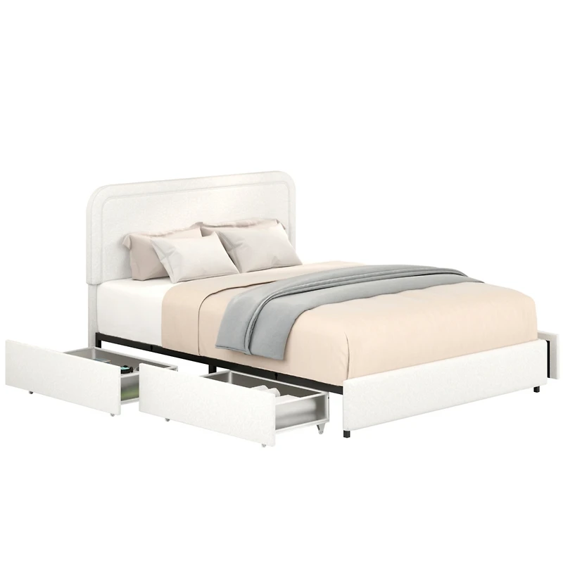 Liv Queen Size Ivory Boucle Upholstered Platform Bed with Patented 4 Drawers Storage, Curved Stitched Tufted Headboard, Wooden Slat Mattress Support,