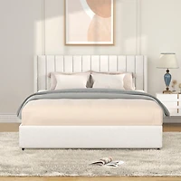 Anda Patented 2-Drawers Storage Bed Queen Size Ivory Boucle Upholstered Platform Bed, Tufted Headboard, Wooden Slat Mattress Support, No Box Spring Ne