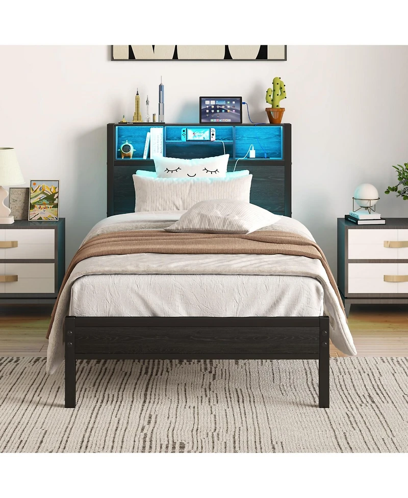 Streamdale Furniture Twin Storage Bed Frame with Headboard, Charging, and Bookcase