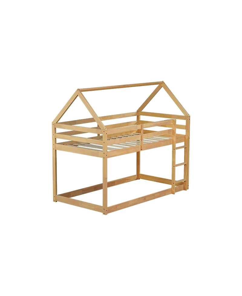 Streamdale Furniture Twin over Twin Rubber Wood Floor Bunk Bed, with ladder,Guardrails,House-Shaped-Bunk Bed,White oak