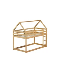 Streamdale Furniture Twin over Twin Rubber Wood Floor Bunk Bed, with ladder,Guardrails,House-Shaped-Bunk Bed,White oak