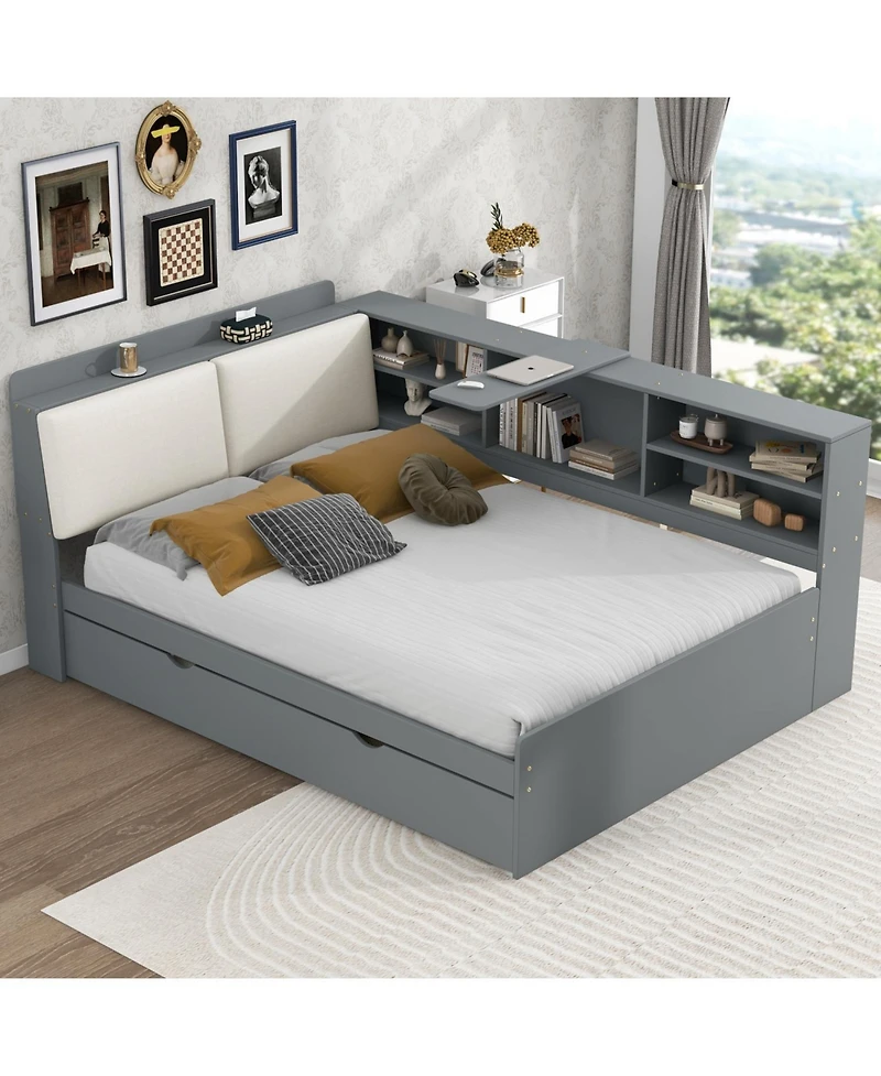 Streamdale Furniture Wood Full Size platform bed with Trundle, Shelves and Storage Headboard