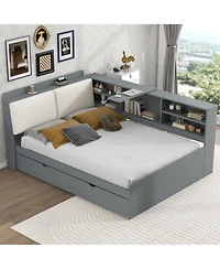 Streamdale Furniture Wood Full Size platform bed with Trundle, Shelves and Storage Headboard