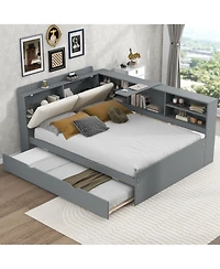 Streamdale Furniture Wood Full Size platform bed with Trundle, Shelves and Storage Headboard