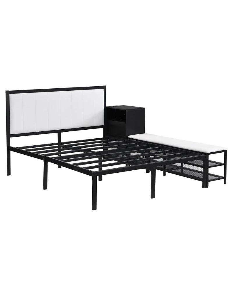 Streamdale Furniture Metal Platform Bed with Two-Tier Storage Shelves, Wooden Cabinet