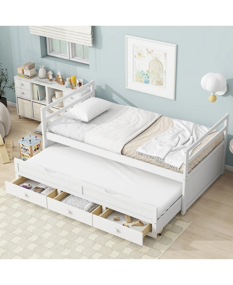 Streamdale Furniture Twin Pine Bed with Headboard, Footboard, Trundle & Storage Drawers