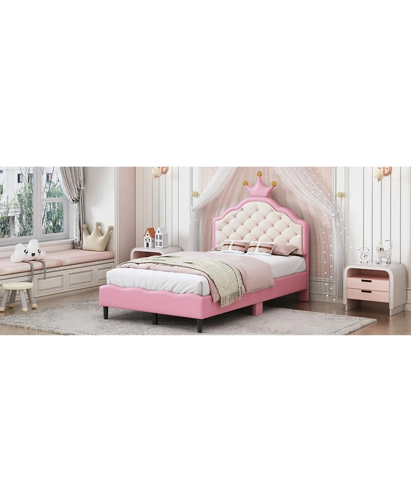 Streamdale Furniture Twin Size Lovely Crown Fantasy Pu Leather Princess Bed with Tufted Headboard, Pink+Cream