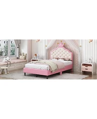 Streamdale Furniture Twin Size Lovely Crown Fantasy Pu Leather Princess Bed with Tufted Headboard, Pink+Cream