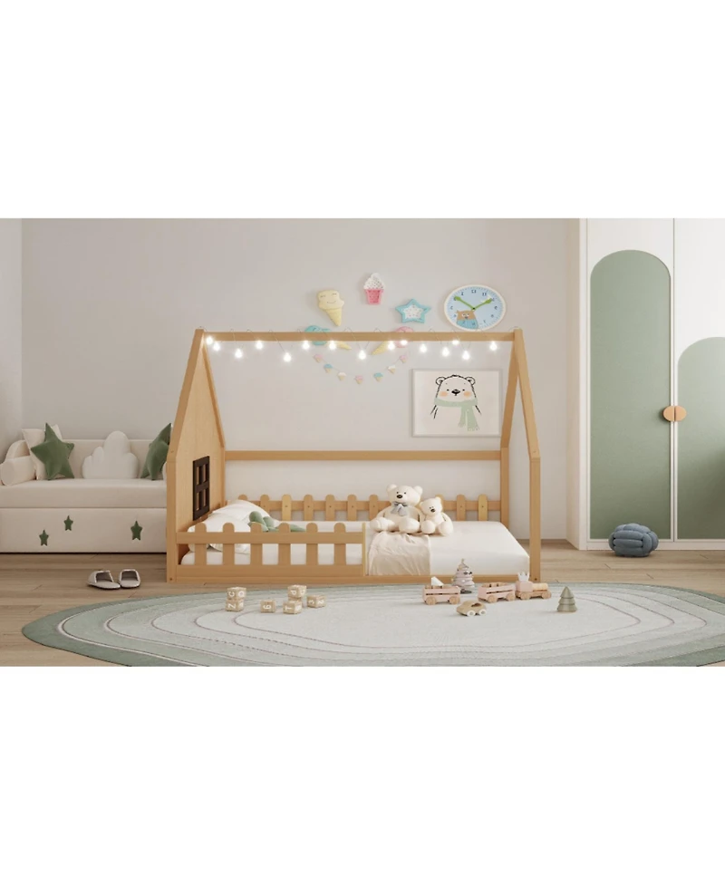 Streamdale Furniture Full Wood House Bed with Window and Fence.
