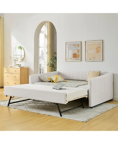 Streamdale Furniture Beige Linen Daybed with Trundle & Vertical Stripes