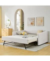 Streamdale Furniture Beige Linen Daybed with Trundle & Vertical Stripes