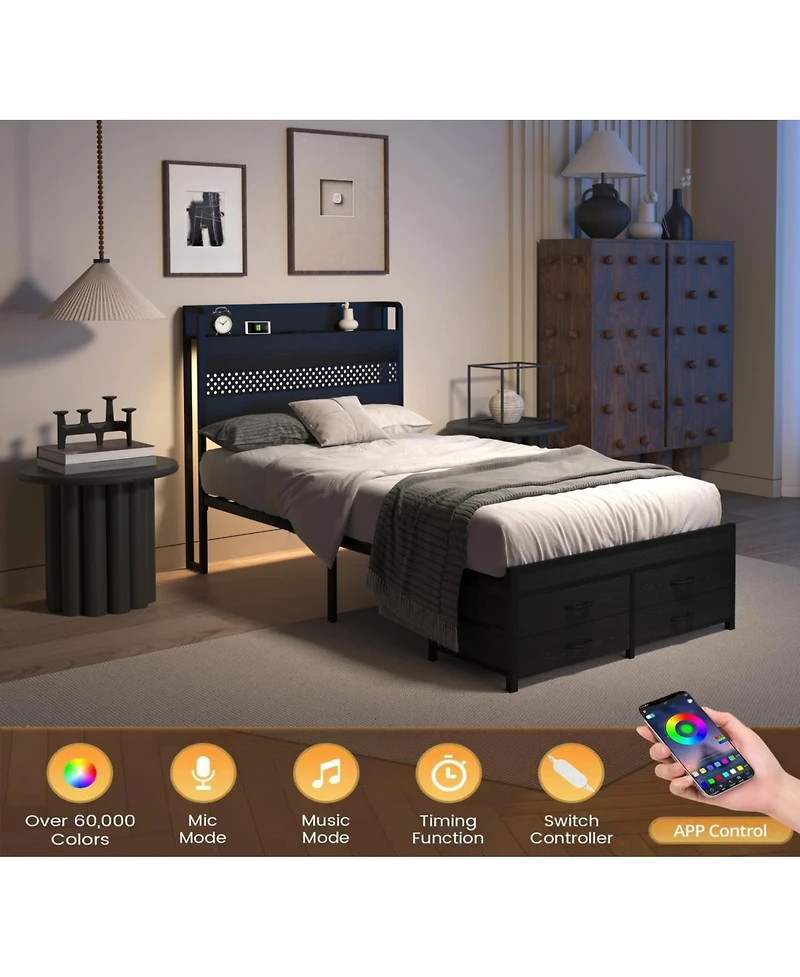 Streamdale Furniture Twin Bed Frame with Storage Black Metal Platform