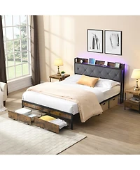 Streamdale Furniture King Bed Frame Led Headboard Storage Drawers Usb Charging