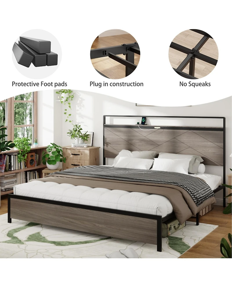 Streamdale Furniture + King + Wooden + Led, Usb, Storage + Bed Frame
