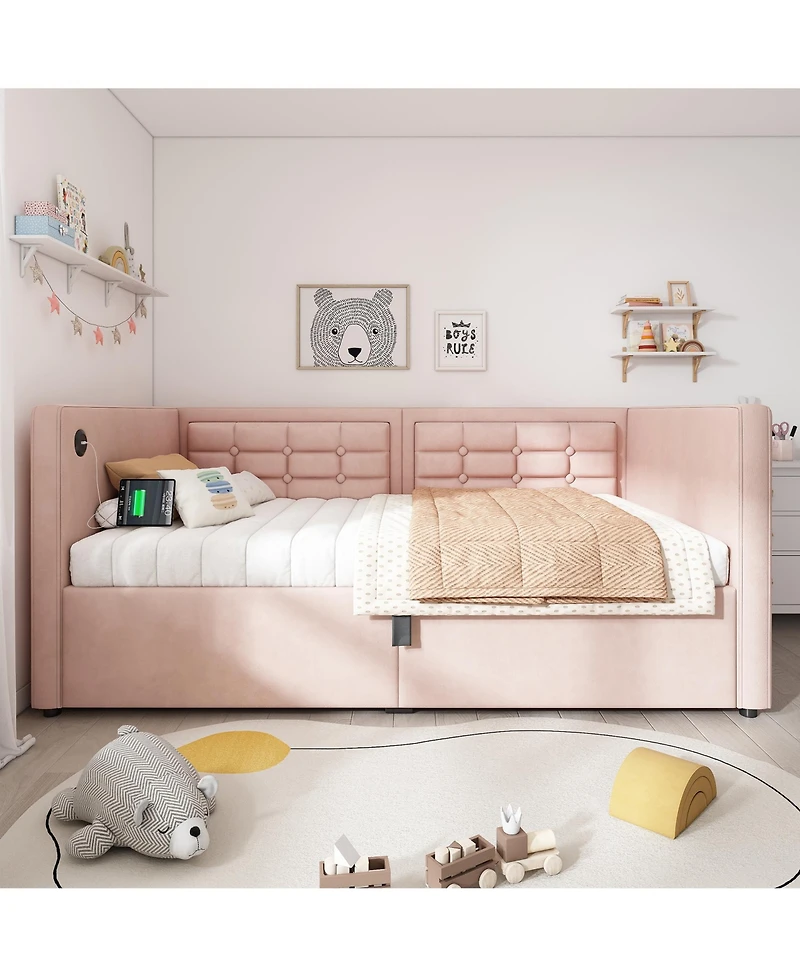 Streamdale Furniture Velvet Twin Daybed with Usb Charging & Storage