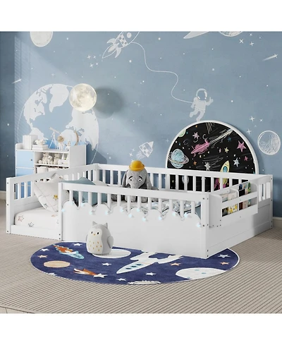 Streamdale Furniture Montessori Floor Bed Frame, High Rails, Light & Shelf, White