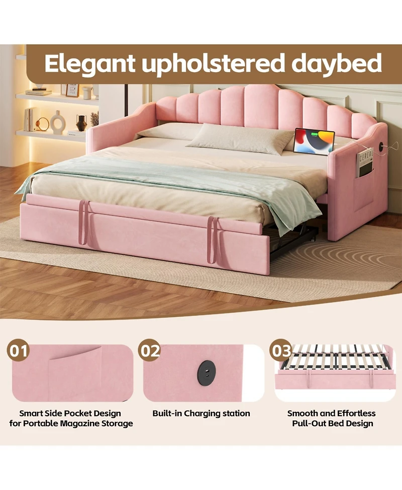 Streamdale Furniture Upholstered Twin Daybed with Pop Up Trundle, Usb Port, Pockets, No Box Spring
