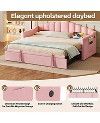Streamdale Furniture Upholstered Twin Daybed with Pop Up Trundle, Usb Port, Pockets, No Box Spring