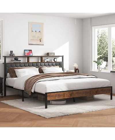 Streamdale Furniture King Wooden Platform Bed Frame w/ Usb Ports & Storage - Brown