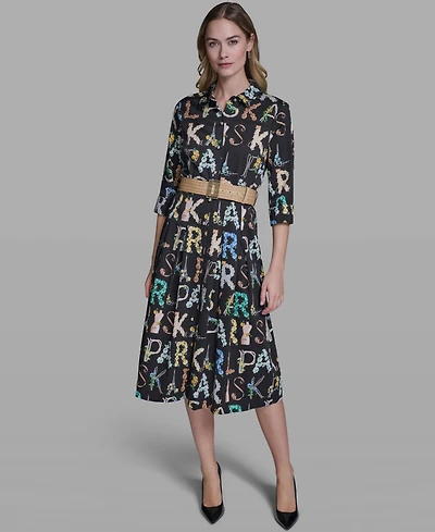 Karl Lagerfeld Paris Women's Allover Print Belted Collared Shirt Dress