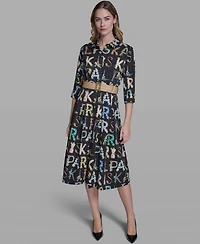 Karl Lagerfeld Paris Women's Allover Print Belted Collared Shirt Dress
