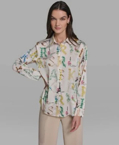 Karl Lagerfeld Paris Womens Allover Print Button Down Long Sleeve Top