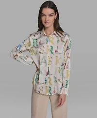 Karl Lagerfeld Paris Womens Allover Print Button Down Long Sleeve Top