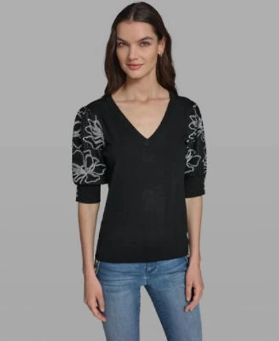 Karl Lagerfeld Paris Womens V Neck Floral Embroidered Short Sleeve Sweater