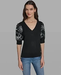 Karl Lagerfeld Paris Womens V Neck Floral Embroidered Short Sleeve Sweater