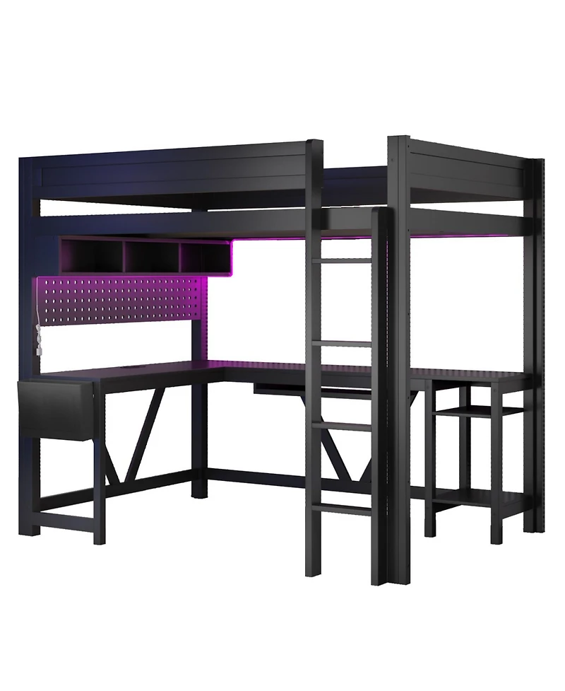 Streamdale Furniture Full Black Gaming Loft Bed with Desk, Led Lights & Charging Station