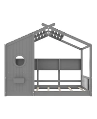 Streamdale Furniture Twin Floor House Bed Toddler, Montessori with Shelf, Playhouse Bed, Gray