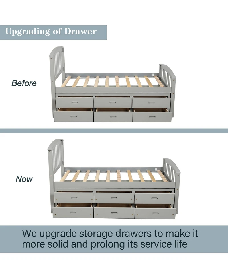 Streamdale Furniture Twin Size Platform Storage Bed Solid Wood Bed With 6 Drawers