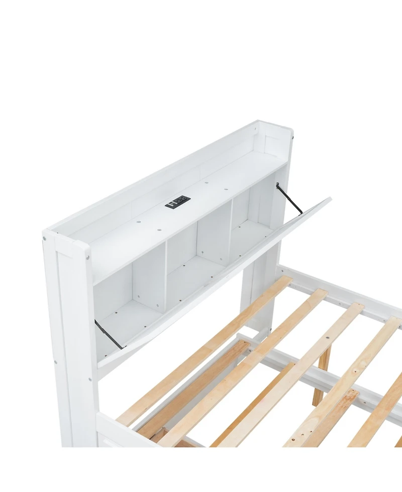 Full Size Wooden Storage Bed with Twin Trundle and Outlets