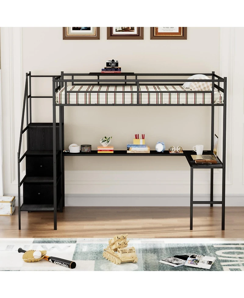 Streamdale Furniture Full Loft Bed w/ Desk, Led, Charging, Wardrobe & Drawers