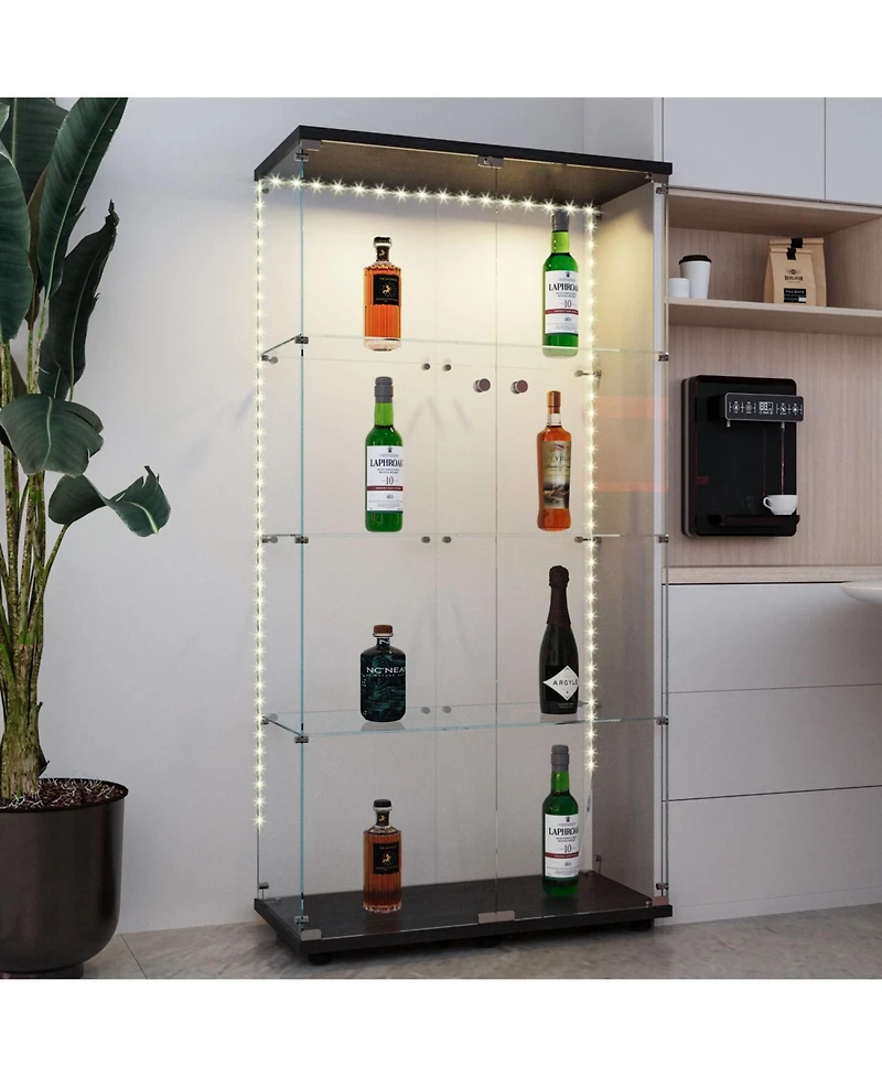 Streamdale Furniture Black Tempered Glass Cabinet w/ Led, Lock & Wheels