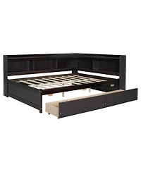 Streamdale Furniture L-Shaped Bed with Bookcase, Drawers, Usb & Power - Espresso