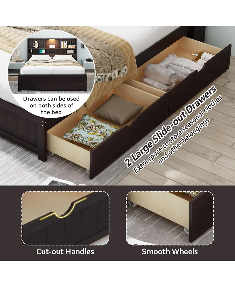 Streamdale Furniture Twin Platform Bed with Bookcase Headboard, Downlight, Charger, Drawers