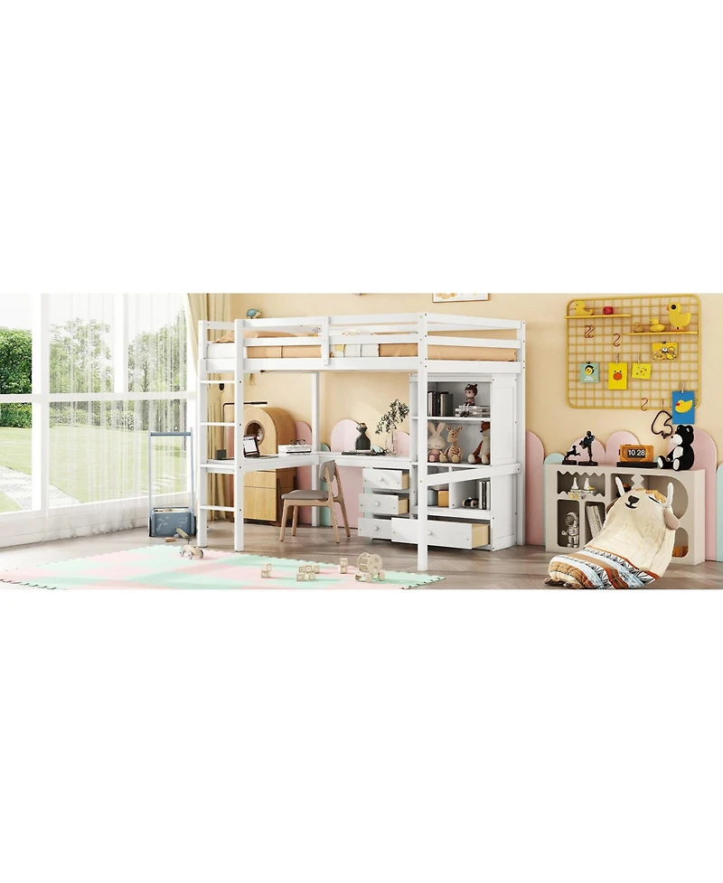 Streamdale Furniture Loft Bed with Desk, Shelves, Drawers & Guardrails