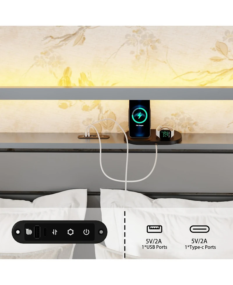 Streamdale Furniture Queen Size Metal Platform Bed with Led, Charger