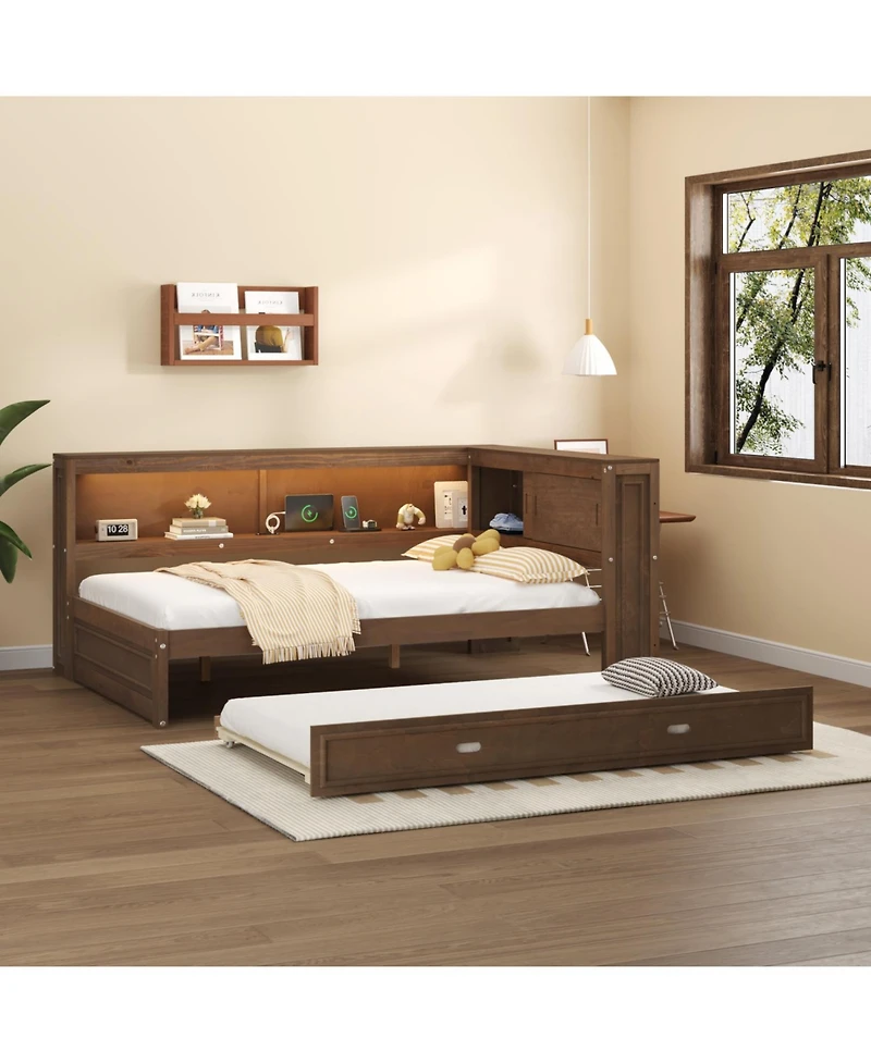 Streamdale Furniture Full Size Wood Daybed with Storage Shelves, Usb, Led, and Trundle