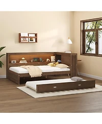 Streamdale Furniture Full Size Wood Daybed with Storage Shelves, Usb, Led, and Trundle