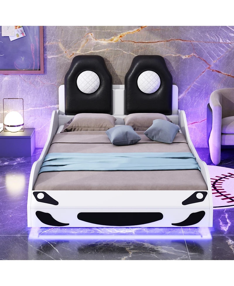 Streamdale Furniture Wood Twin Size Race Car-Shaped Platform Bed with Led and Upholstered Backrest