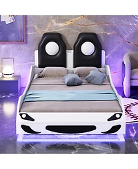 Streamdale Furniture Wood Twin Size Race Car-Shaped Platform Bed with Led and Upholstered Backrest