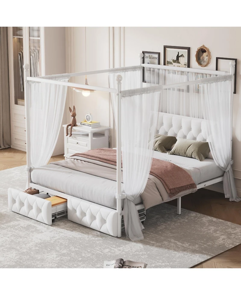 Streamdale Furniture Queen Size Metal Canopy Platform Bed with Upholstered Headboard and Two Storage Drawers