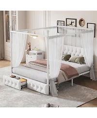 Streamdale Furniture Queen Size Metal Canopy Platform Bed with Upholstered Headboard and Two Storage Drawers