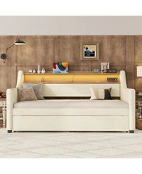 Streamdale Furniture Twin Size Daybed with Trundle, Upholstered Daybed with Charging Station and Led Lights