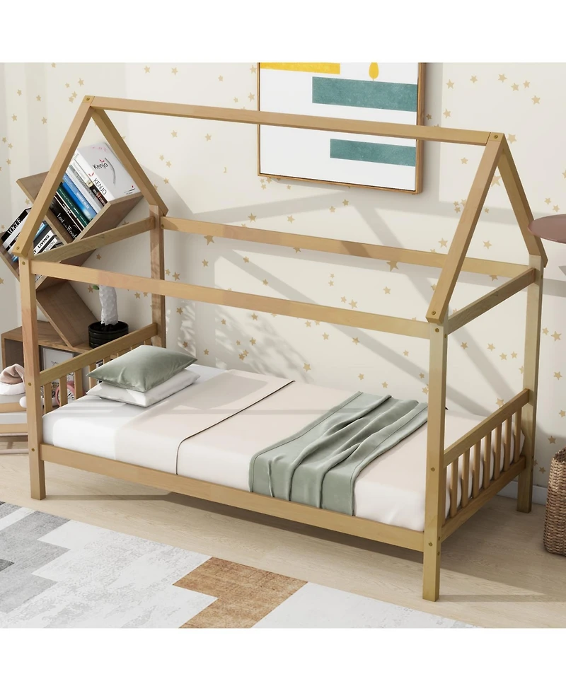 Streamdale Furniture Twin House Bed with Headboard and Footboard, Twin Rubber Wood Bed with House Frame,White Oak