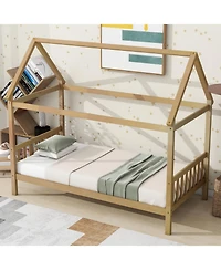 Streamdale Furniture Twin House Bed with Headboard and Footboard, Twin Rubber Wood Bed with House Frame,White Oak