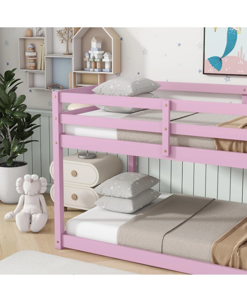 Streamdale Furniture Solid Wooden, Solid Rubber Wooden Twin over Twin Loft Bed with Ladder, with Bed Platform of Strengthened Slats, Pink