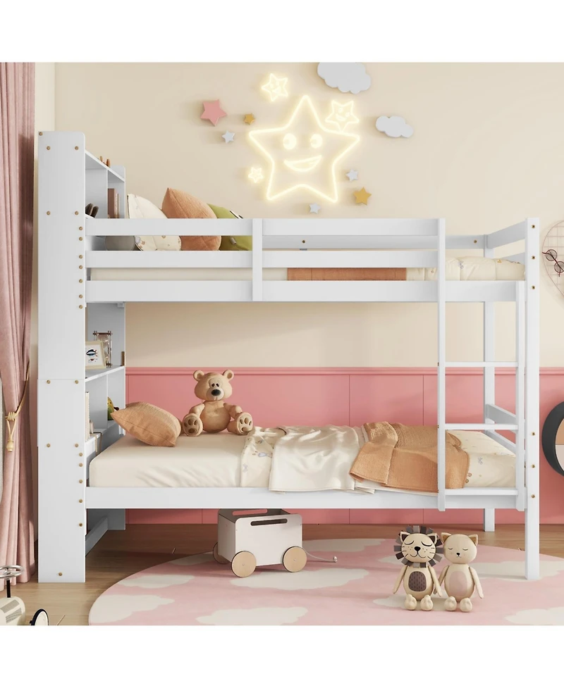 Streamdale Furniture Twin Over Twin Bunk Bed with Shelves and Guardrails, Convertible to 2 Beds